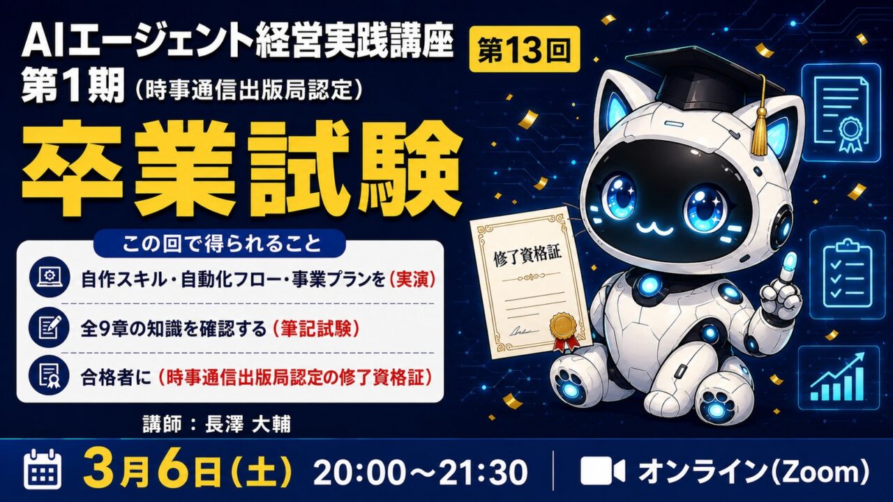 【MBAクラス】AIエージェント経営実践講座 第1期 第13回　卒業試験 ─ 卒業課題の提出＋筆記試験